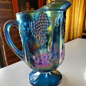 Vintage Blue Carnival Glass Pitcher